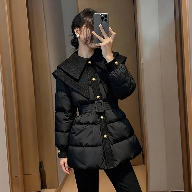 超好看的厚外套女2025冬季新款高级感气质翻领小香风收腰黑色棉服