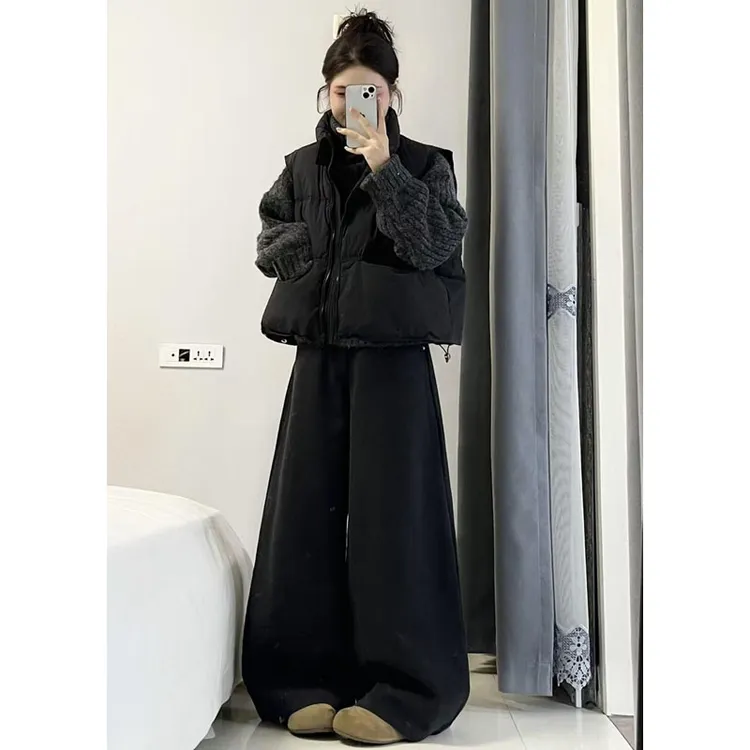 秋冬一整套女2025新款韩系高领毛衣棉服马甲高腰显瘦阔腿裤三件套