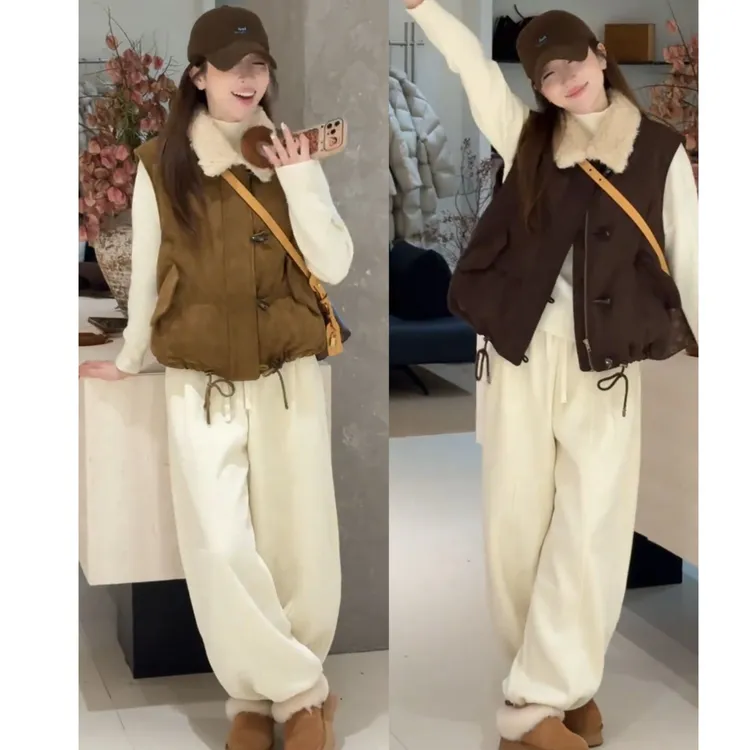 流行一整套2025秋冬新款时尚慵懒风百搭休闲上衣马甲裤子三件套