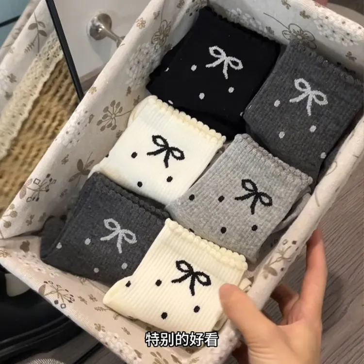 【4双/8双】女士春秋夏季圆点花边中筒袜蝴蝶结甜纯棉100%全棉防臭