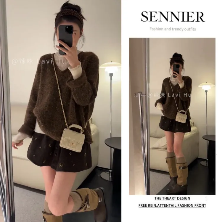 韩系穿搭女2025新款慵懒百搭套头针织衫显瘦打底衫气质短裙三件套