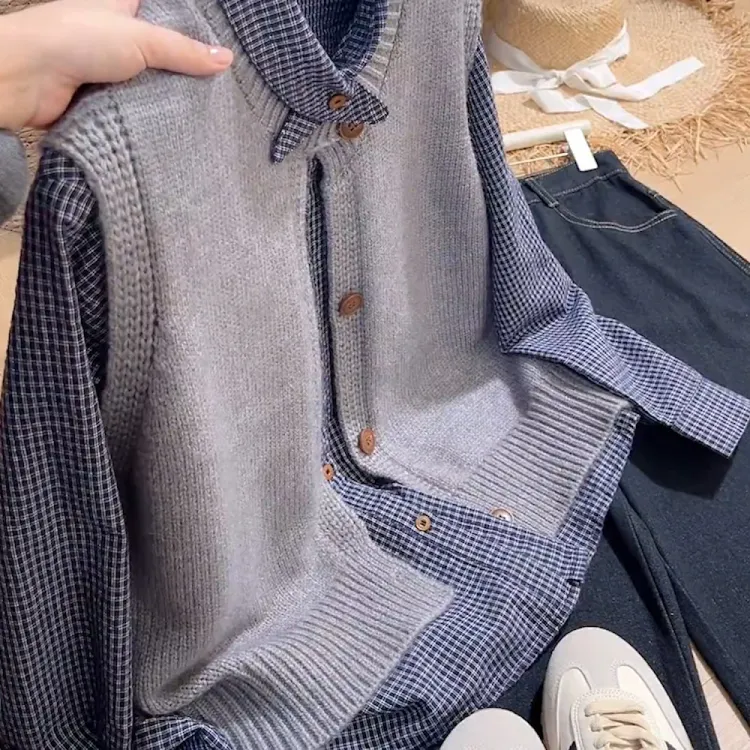 2025年秋冬新款大码女装时尚圆领长袖针织背心假两件长袖衬衫上衣