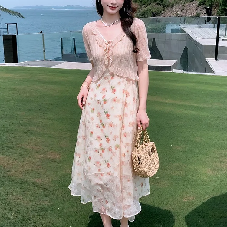 奢姿大码女装2025夏季时尚花边碎花套装胖妹妹小香风V领两件套装