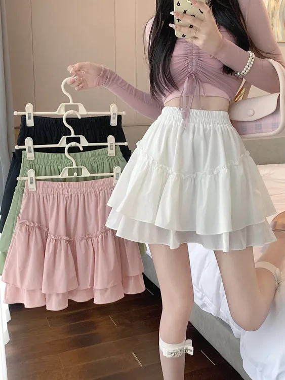 大码蓬蓬蛋糕裙半身裙女夏季松紧高腰显瘦a字百褶短裙裤花苞裙子