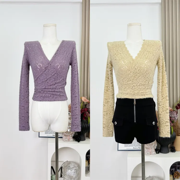 霓虹梦境法式纯欲气质感v领立体蕾丝针织衫外穿上衣秋冬打底衫