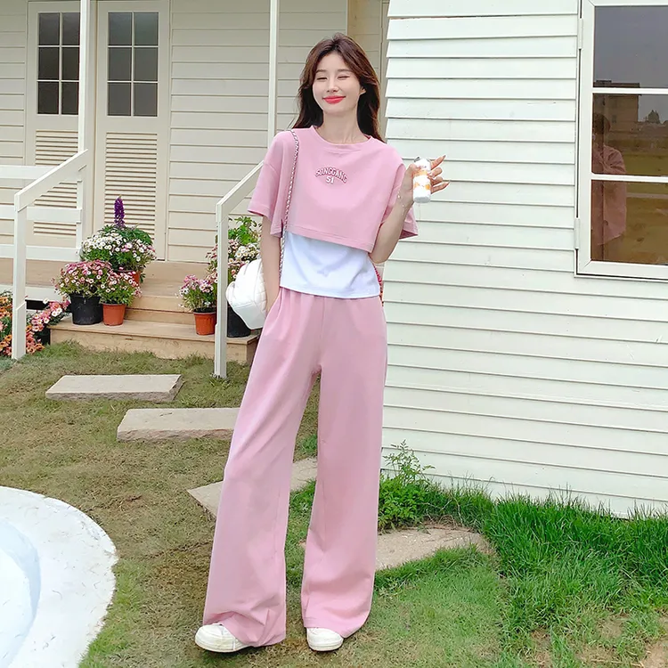 韩版甜美减龄假两件T恤套装女2025夏季新款宽松显瘦阔腿裤两件套