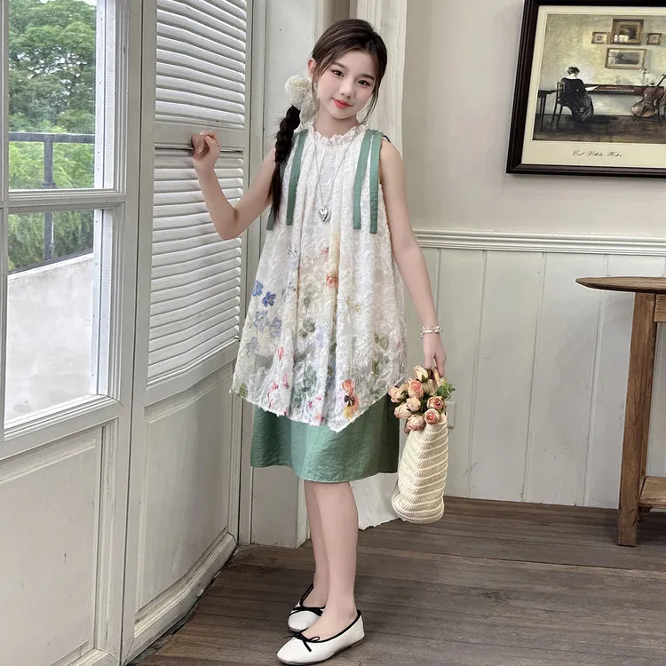 女童夏季碎花连衣裙2025新款儿童时尚国风无袖背心裙大童休闲裙子