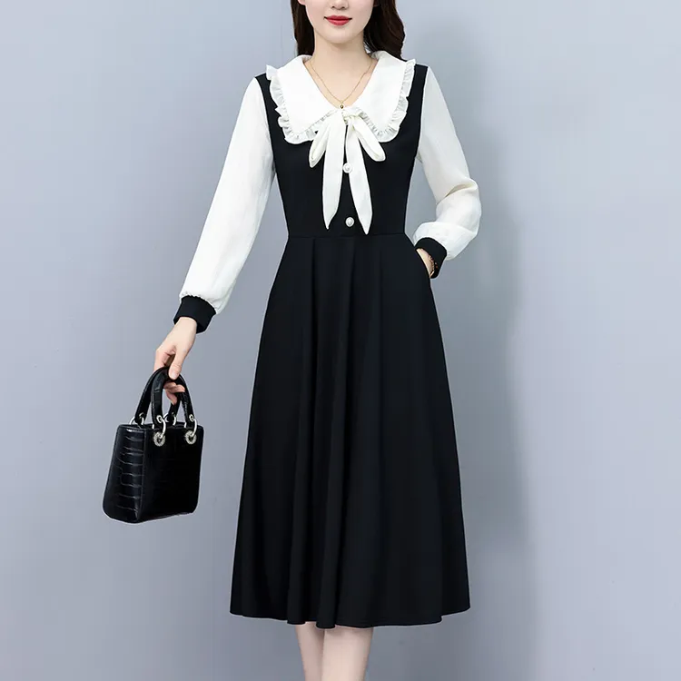 时尚洋气撞色拼接大码女装胖修身显瘦中长款长袖连衣裙春秋新款