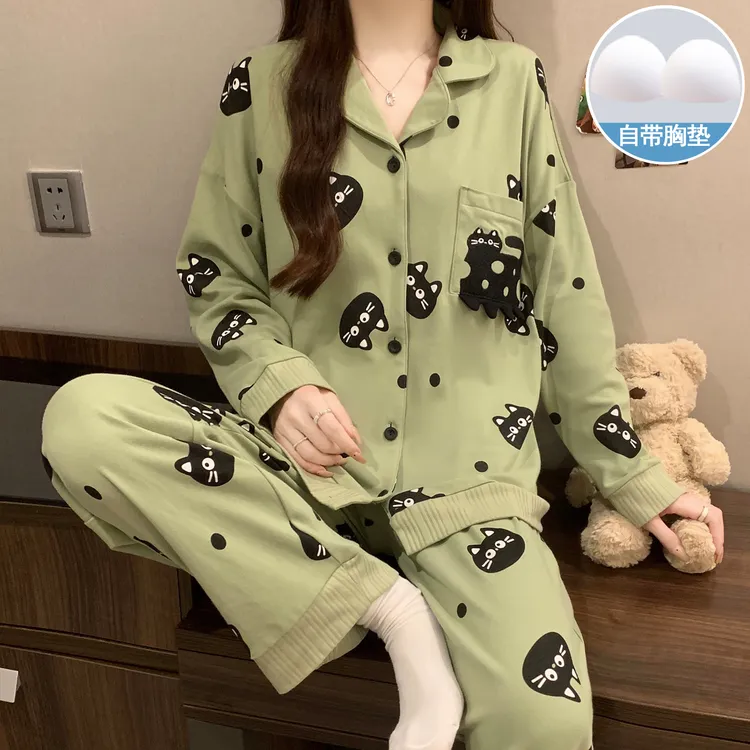 秋冬睡衣女长袖长裤卡通小猫高级感开衫女士睡衣带胸垫家居服套装