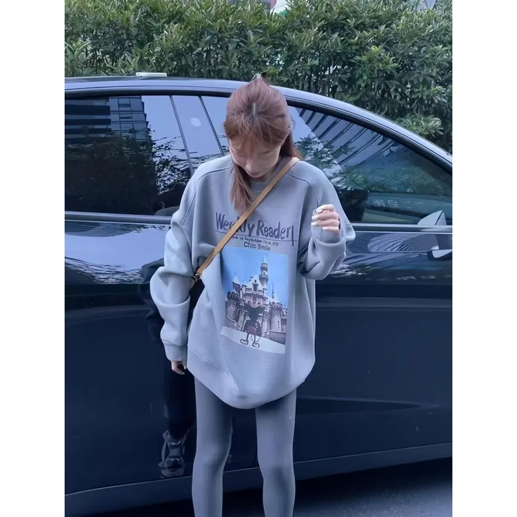 小个子韩系百搭oversize上衣2025年秋季高街休闲风灰色印花卫衣