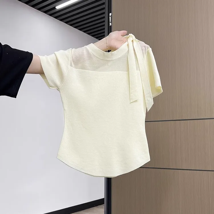 网纱圆领短袖针织衫女夏季蝴蝶结修身收腰显瘦纯欲风T恤内搭上衣