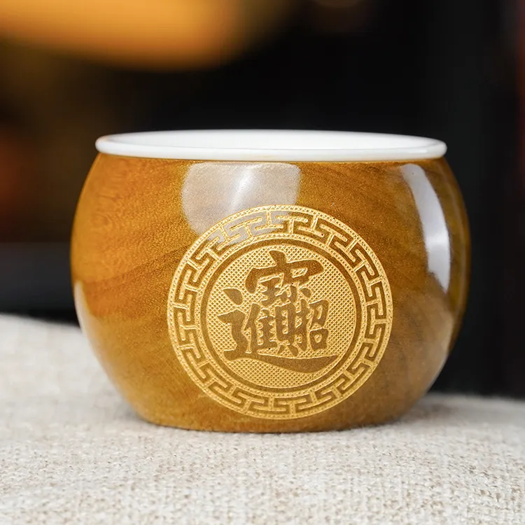 BZ066（邱师傅）金丝楠水波纹白瓷杯子商品图
