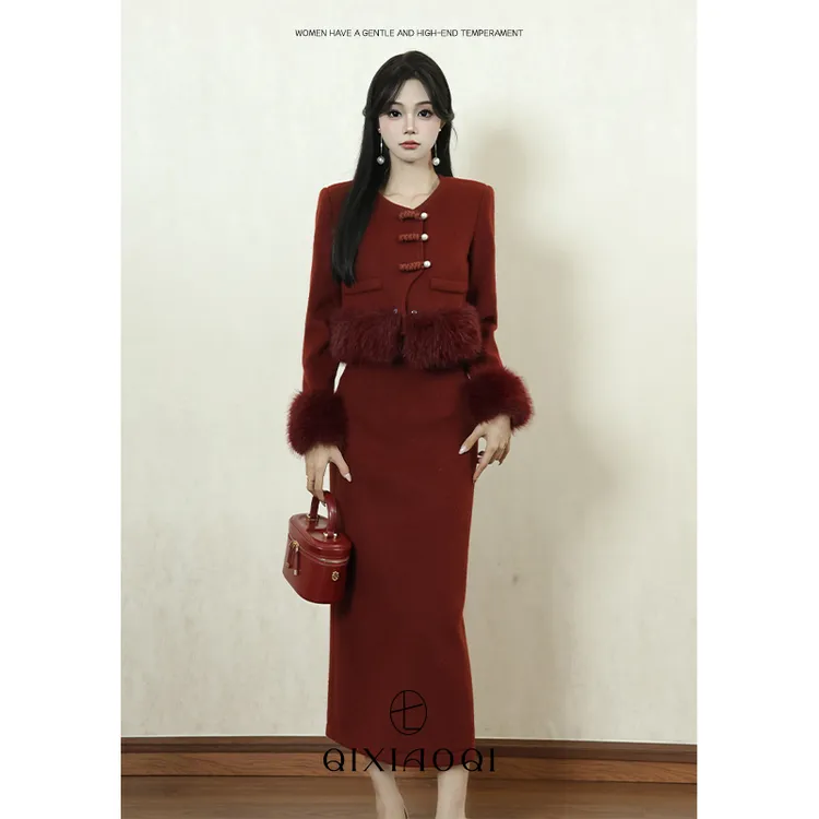 七小七Sicily【红珐琅】红色轻奢小香风外套半身裙绵羊毛套装两件套