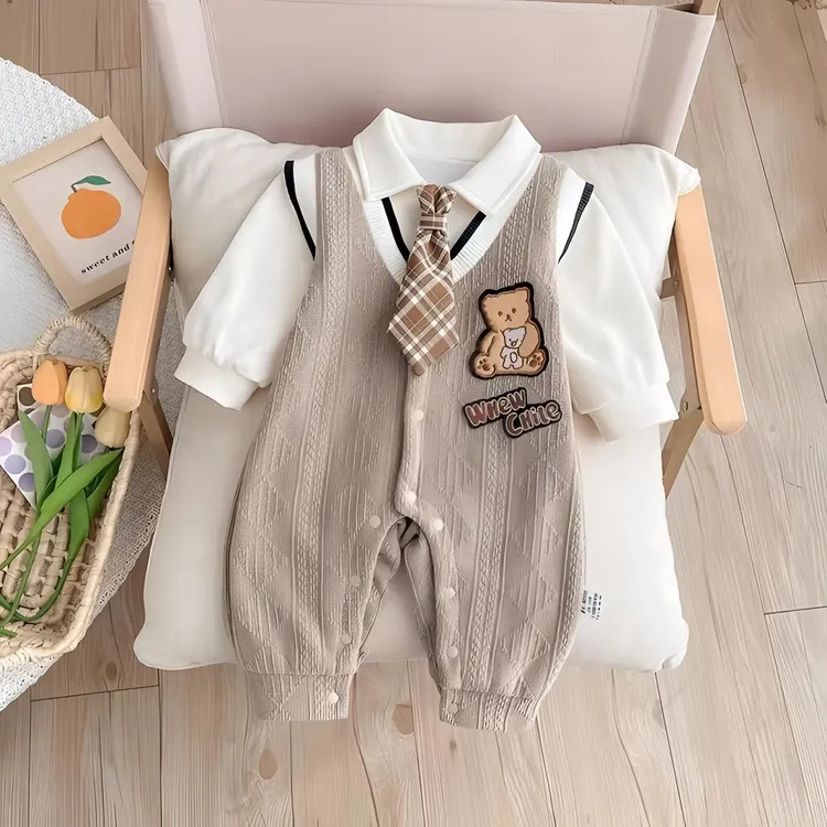 婴儿韩版洋气衣服长袖新生儿秋季宝宝翻领外套春秋哈衣爬服朱