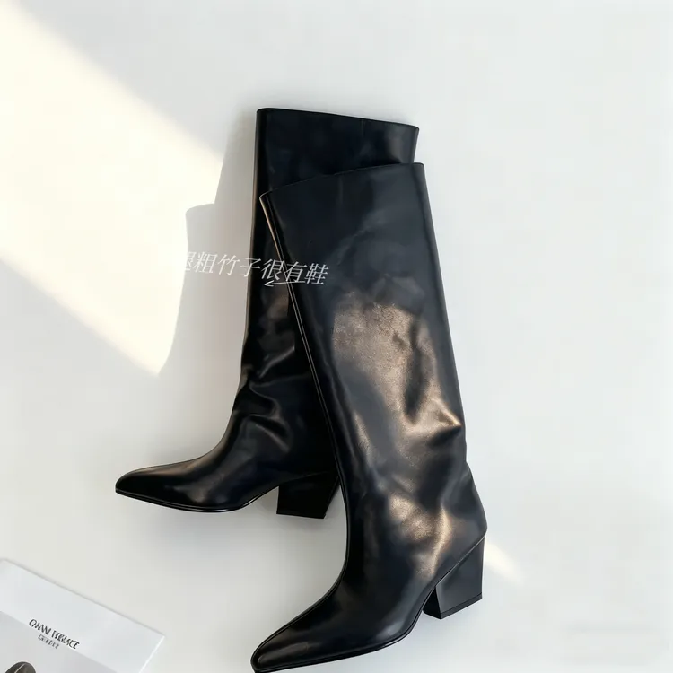 【竹子】尖头气质5cm跟高大筒围腿粗黑色时尚百搭胖妹妹可穿9788