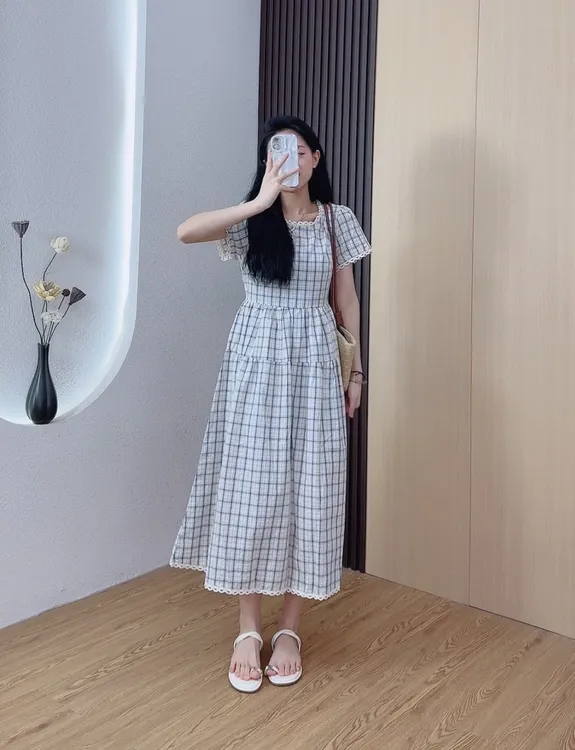 【小个子定制】夏季甜美减龄方领蕾丝田园风格长款连衣裙