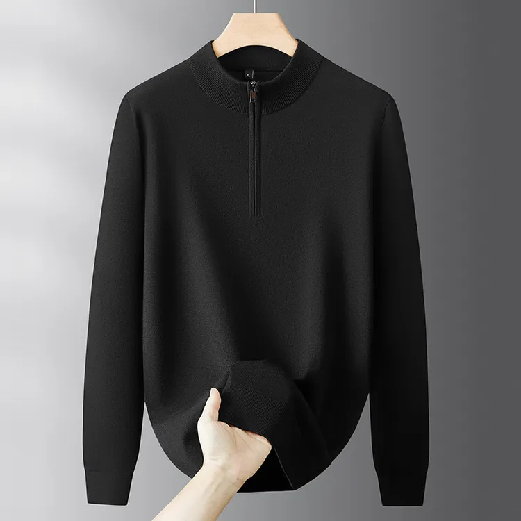 高端大码男士立领长袖针织衫半高领毛衣秋冬纯色加厚半拉链打底衫
