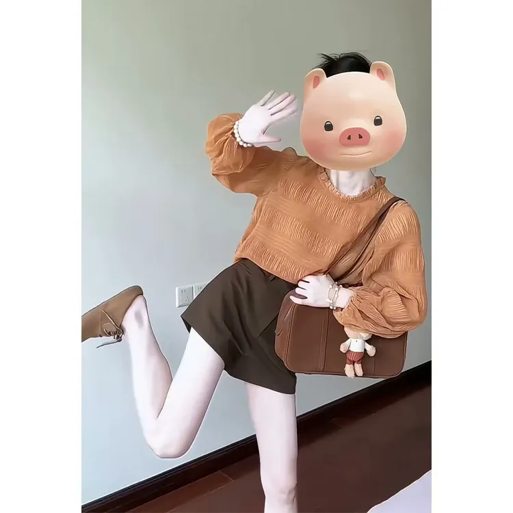 2025早秋新款女韩系穿搭褶皱木耳领宽松长袖上衣高腰阔腿A字短裤