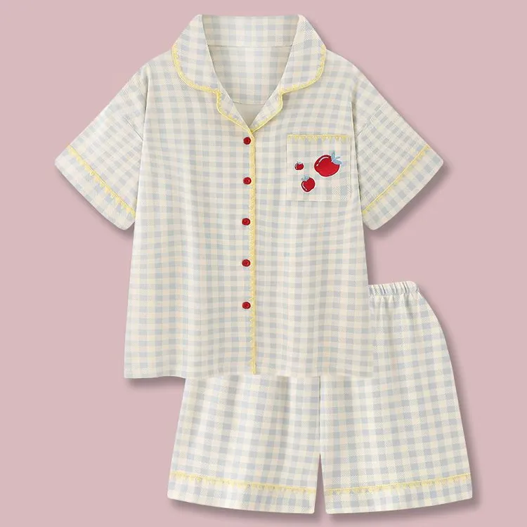 『苹果奶酪』甜美卡通棉质睡衣女款夏2025新款短袖格子家居服套装