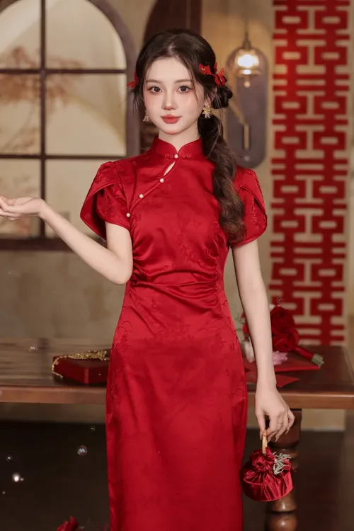 长裙旗袍裙新中式薄款中长裙旗袍长款红色显瘦中国风气质红色旗袍