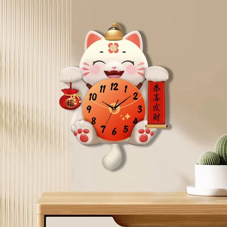 招财猫钟表挂钟客厅新款网红简约创意大气家用装饰静音壁挂表时钟