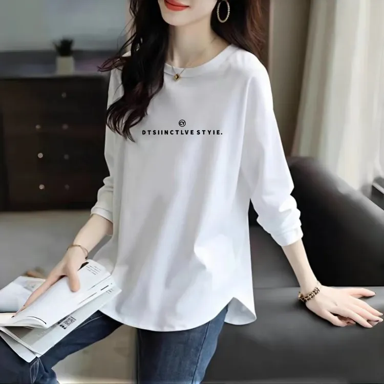 春秋季长袖前短后长中长款遮屁股纯棉t恤女宽松印花打底衫半弧形