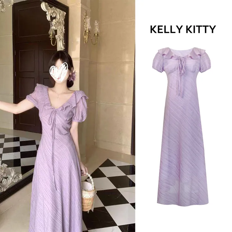 法式温柔荷叶紫色V领泡泡袖系带收腰宴会雪纺宴会连衣裙遮肉显瘦