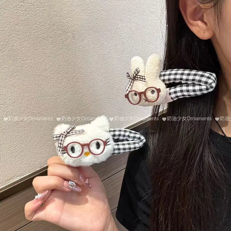 黑格子眼镜KT猫格子掰掰夹少女碎发侧边韩版可爱风百搭发夹