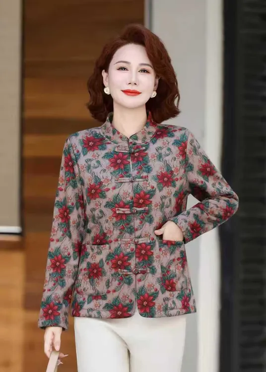 中老年女装特大码碎花妈妈衬衫加绒碎花保暖