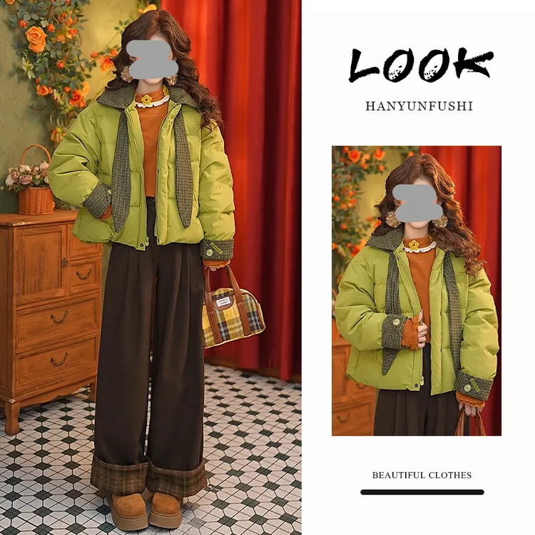 冬季时尚套装女2025年新款时尚宽松格纹连帽棉服阔腿裤两件套