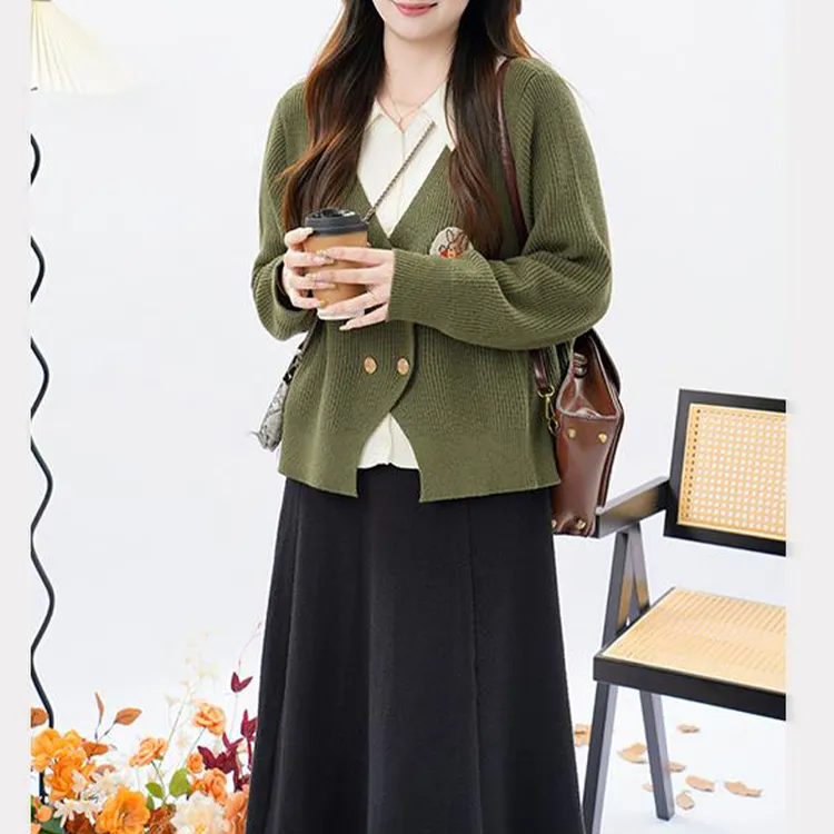 韩版时尚减龄套装女202年5春秋新款假两件针织衫毛衣半身裙两件套
