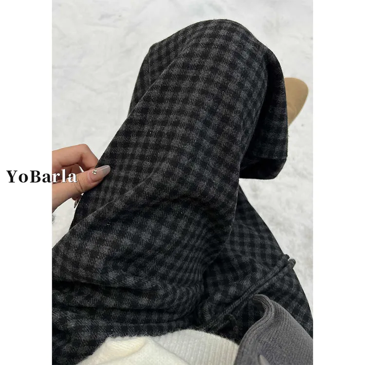 黑灰色休闲格子裤女冬季加绒大码胖mm宽松显瘦慵懒垂感阔腿裤