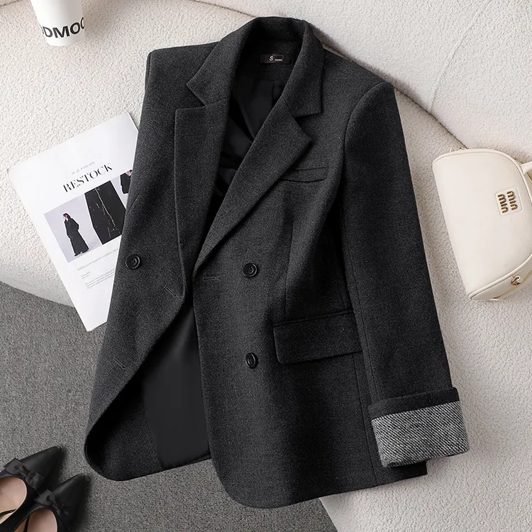 黑色毛呢西装外套女秋冬2025新款高级感气质小个子女士休闲小西服