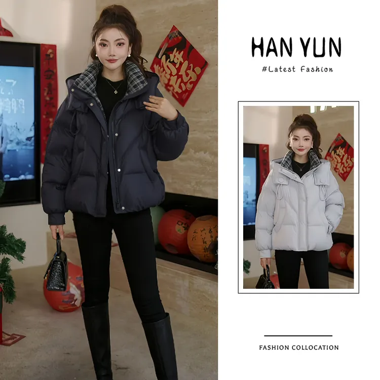 加厚复古风格子拼接连帽棉服女2025冬季新款韩版百搭洋气保暖外套