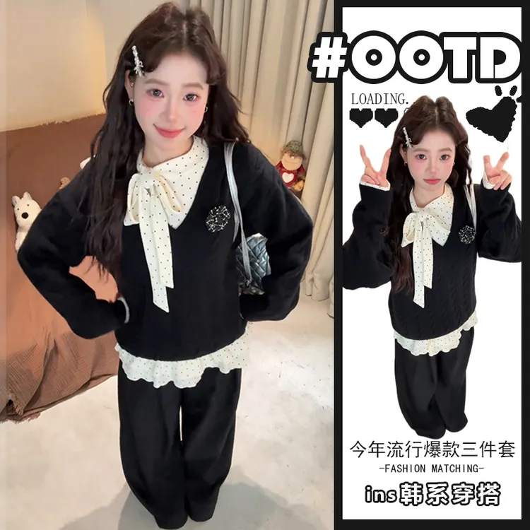 秋冬穿搭一整套女2025新款小香风甜美飘带打底衫毛衣休闲裤三件套