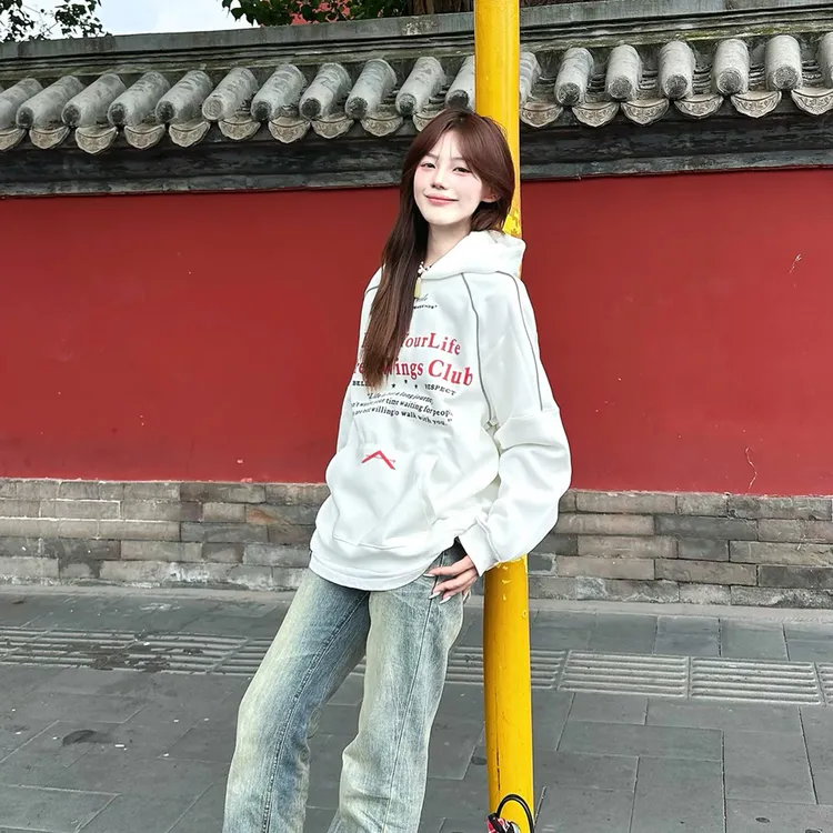 美式复古街头风字母印花设计连帽卫衣秋冬情侣款宽松慵懒百搭上衣