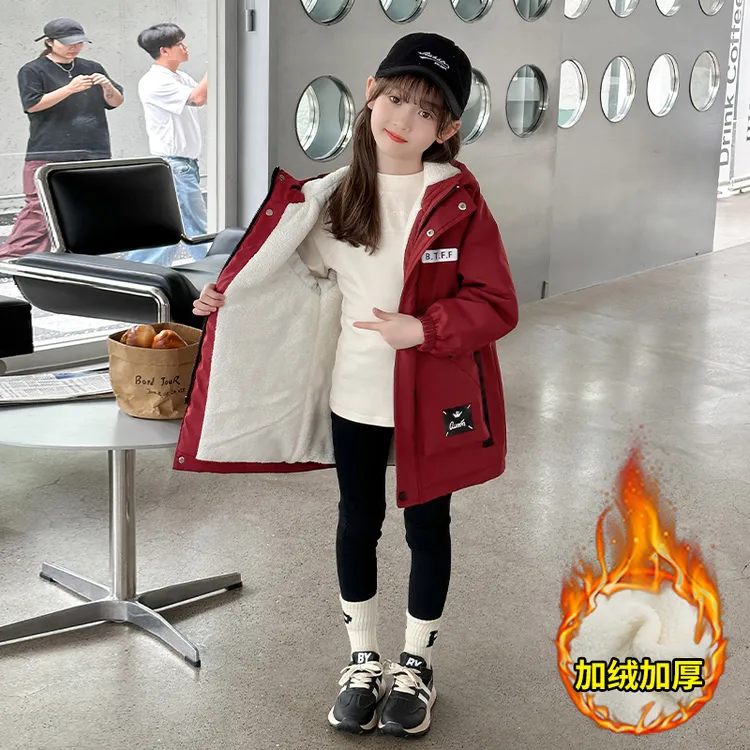 女童加厚外套冬季派克服防风保暖中大童连帽加绒加厚派克服中长款