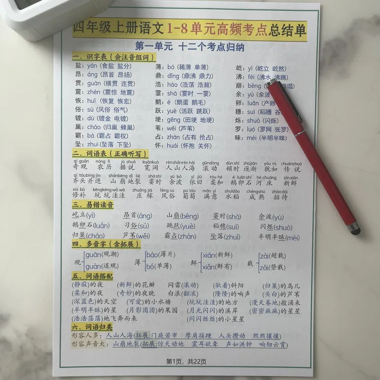 25年四语上1-8单元高频考点总结单（十二个考点归纳）（通用版）22页