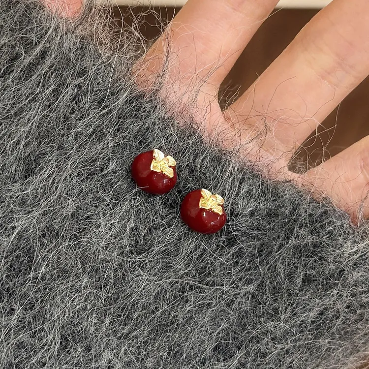 铜合金耳饰 滴釉红色柿柿如意耳钉女秋冬轻奢高级感耳环小众耳饰