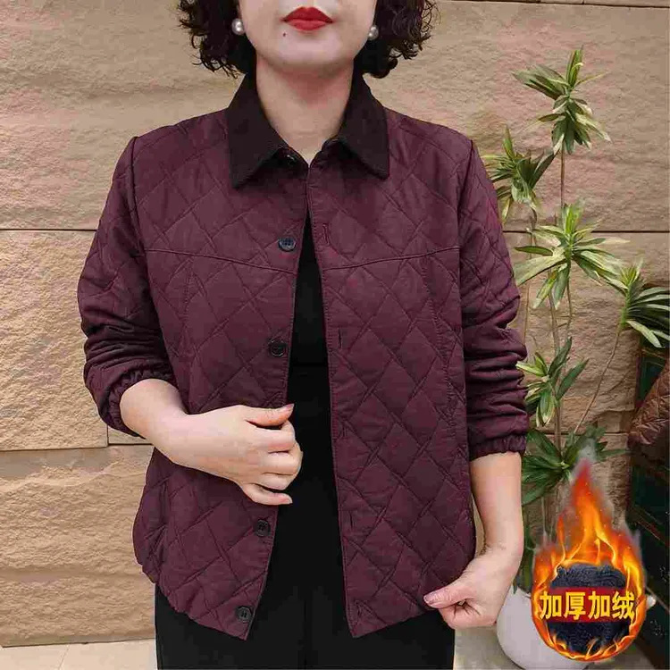 2025秋冬妈妈装加绒棉服休闲时尚中老年保暖百搭翻领菱形格棉服