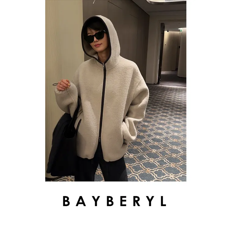 BAYBERYL老贝华尔街*拼色休闲秋羊毛连帽毛呢大衣9MF5I2823-10/4