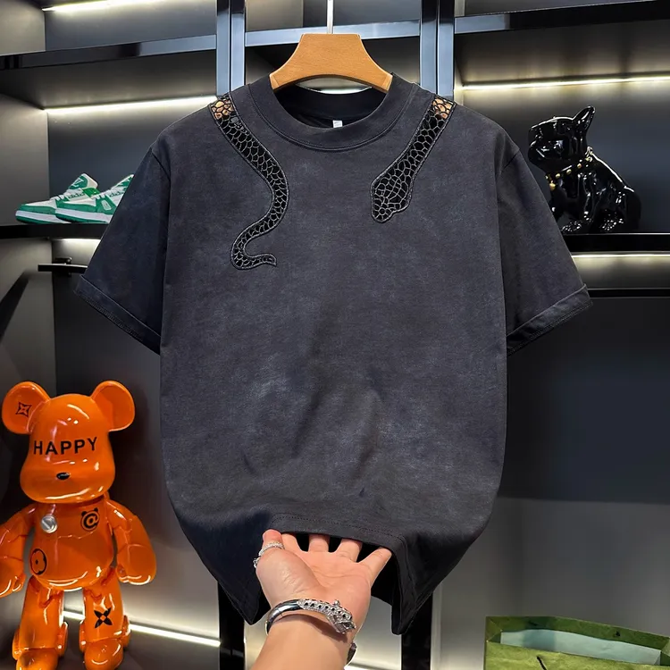 纯棉高级感新款美式潮牌镂空网格圆领短袖T恤男嘻哈百搭宽松上衣