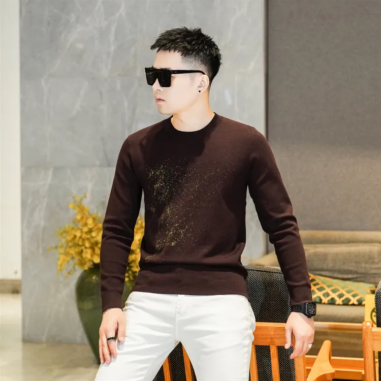 2025秋季新品重工天马织花烫钻圆领长袖针织毛衣打底衫潮男GL8919