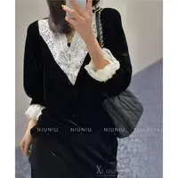 WYK 高货~100%人丝丝绒~L胸104长56黑白撞色蕾丝衬衫上衣 2110