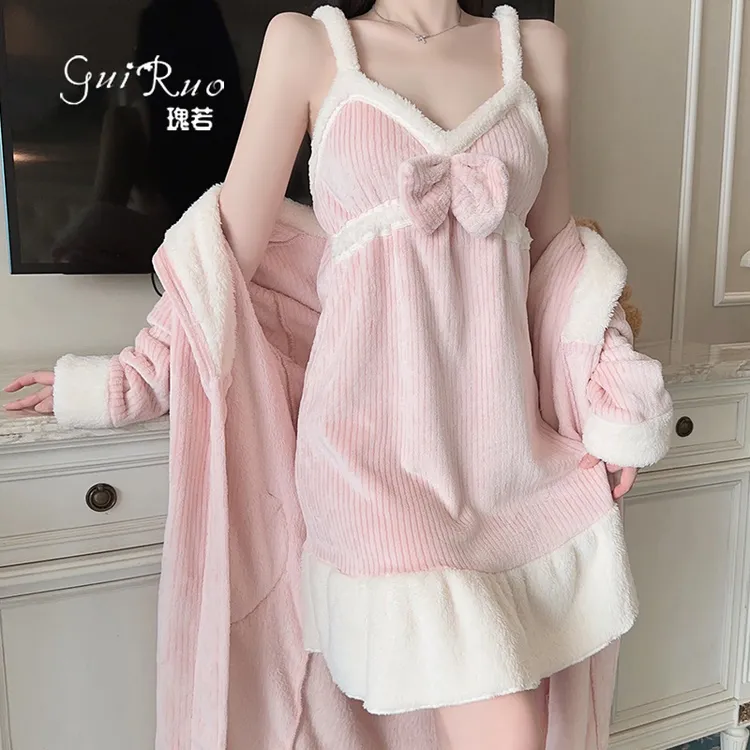 蜜桃小盒加厚甜美蝴蝶结点缀深V聚拢吊带睡裙外袍秋冬睡衣女套装