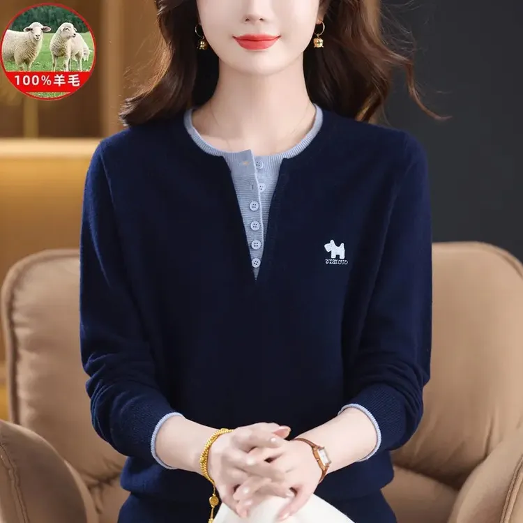 2025秋冬新款中年女士高档时尚100%绵羊毛圆领纯色本命年纯羊毛衫