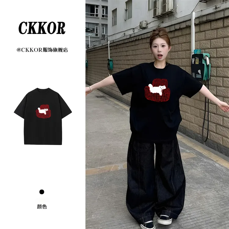 CKKOR【婧拍价】纯棉圆领短袖女t恤夏季新款宽松显瘦美式慵懒风上衣