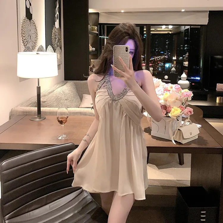 GPSUNLU千金风性感冰丝显瘦吊带裙睡衣女夏季挂脖吊带睡裙家居服