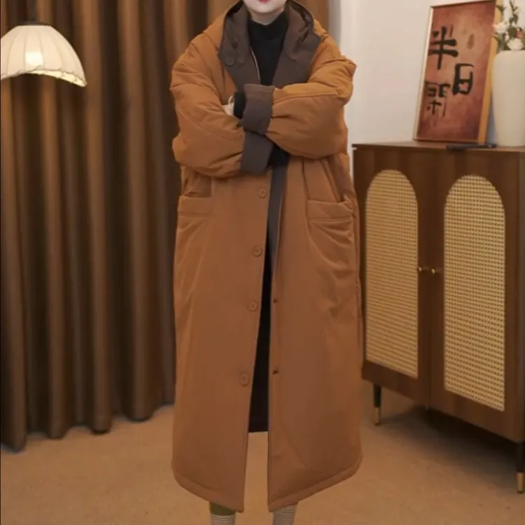 冬季新款双面双穿连帽长款宽松保暖显瘦百搭棉服外套女59004