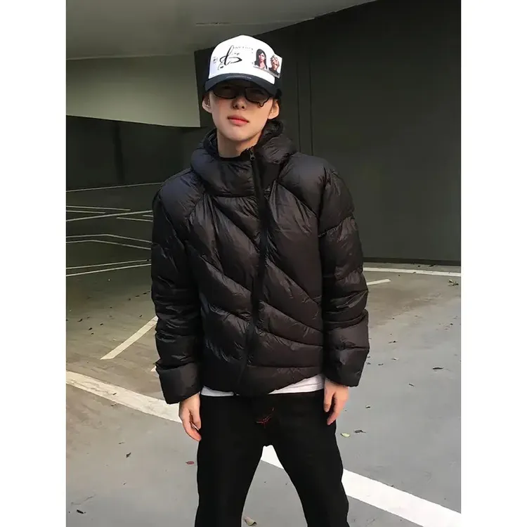 斜拉链连帽排骨棉服外套男款冬季加厚保暖宽松棉衣高级感短款棉袄